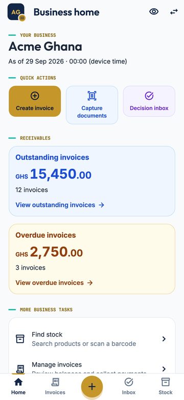 Business home in the app: GHS 15,450.00 outstanding across 12 invoices and GHS 2,750.00 overdue