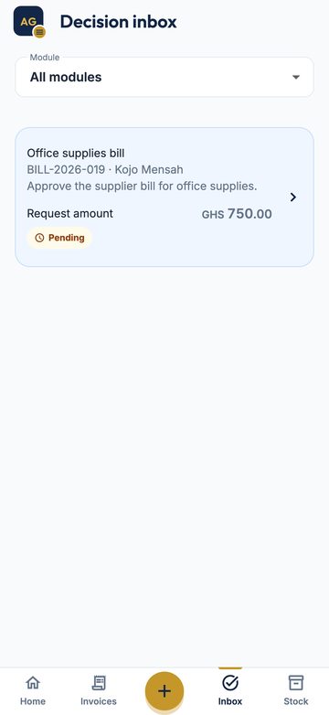 The Decision inbox in the app: an office supplies bill of GHS 750.00 waiting for approval