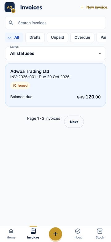 The Invoices list in the app: Adwoa Trading Ltd, INV-2026-001, issued, due 29 Oct 2026, balance due GHS 120.00
