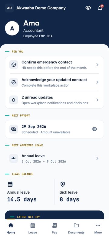 Employee home: tasks from HR, next payday and the next approved leave