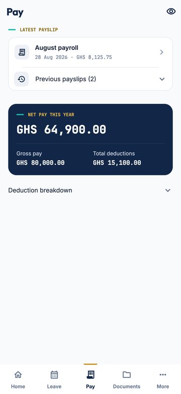The Pay screen: latest payslip and net pay this year