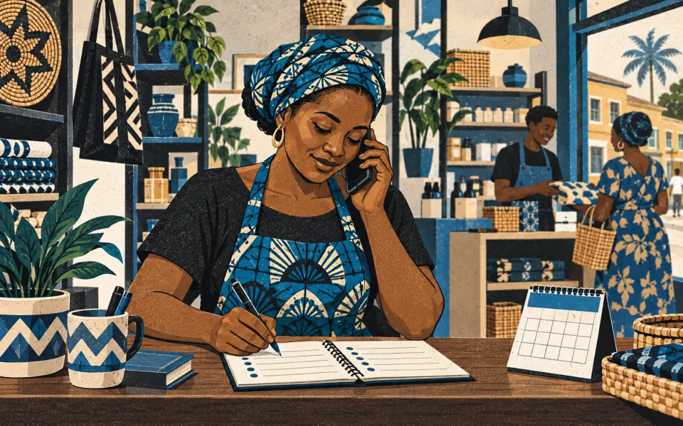 Illustration of a small-business owner following up with a customer by phone