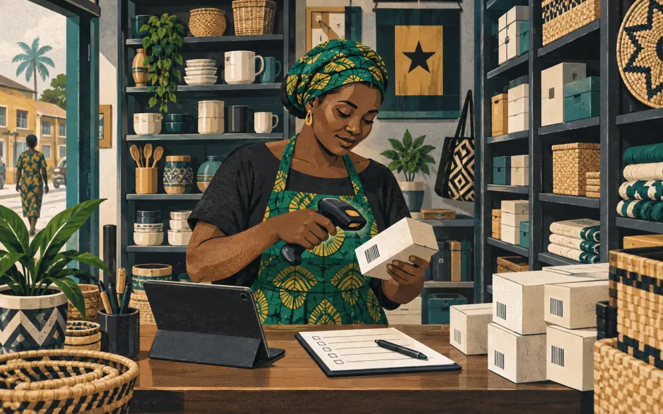 Illustration of a Ghanaian retailer scanning and counting stock