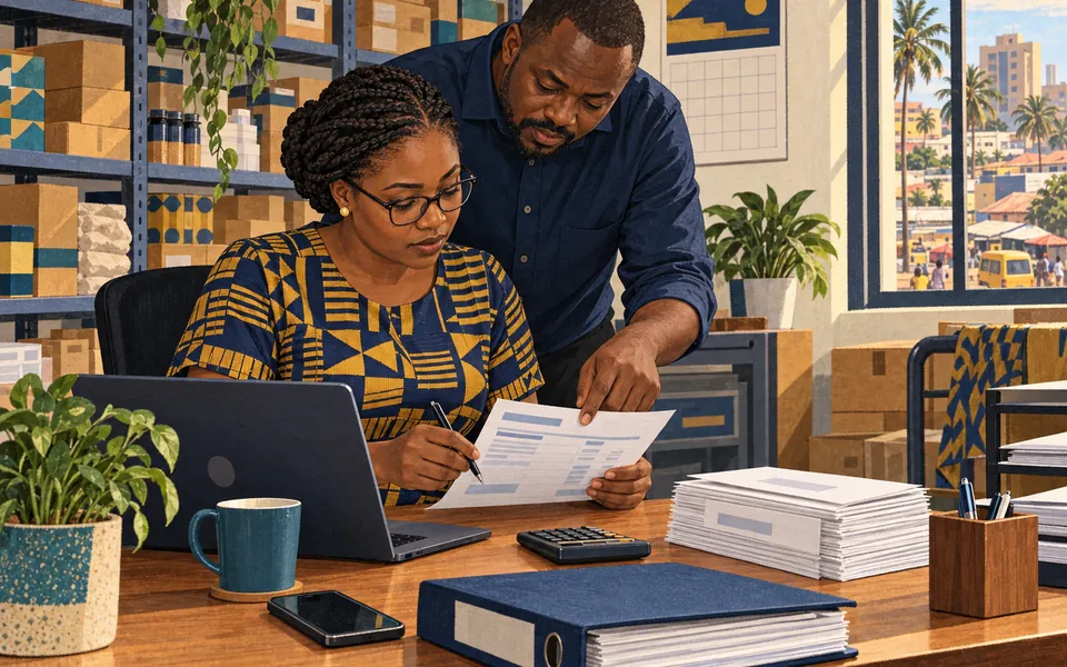 Illustration of a payroll officer and her manager checking a payslip against a laptop in a Ghanaian shop office