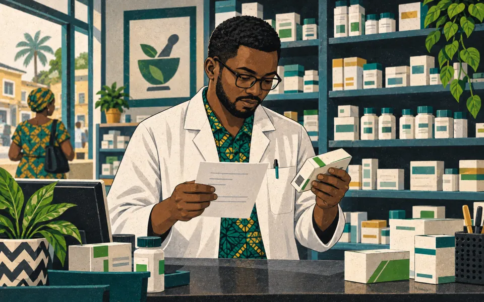 Illustration of a pharmacist checking a prescription against a medicine pack