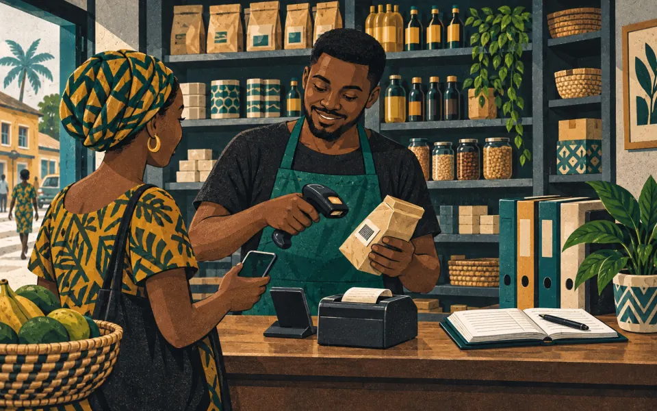 Illustration of a retailer recording a checkout sale and keeping the books