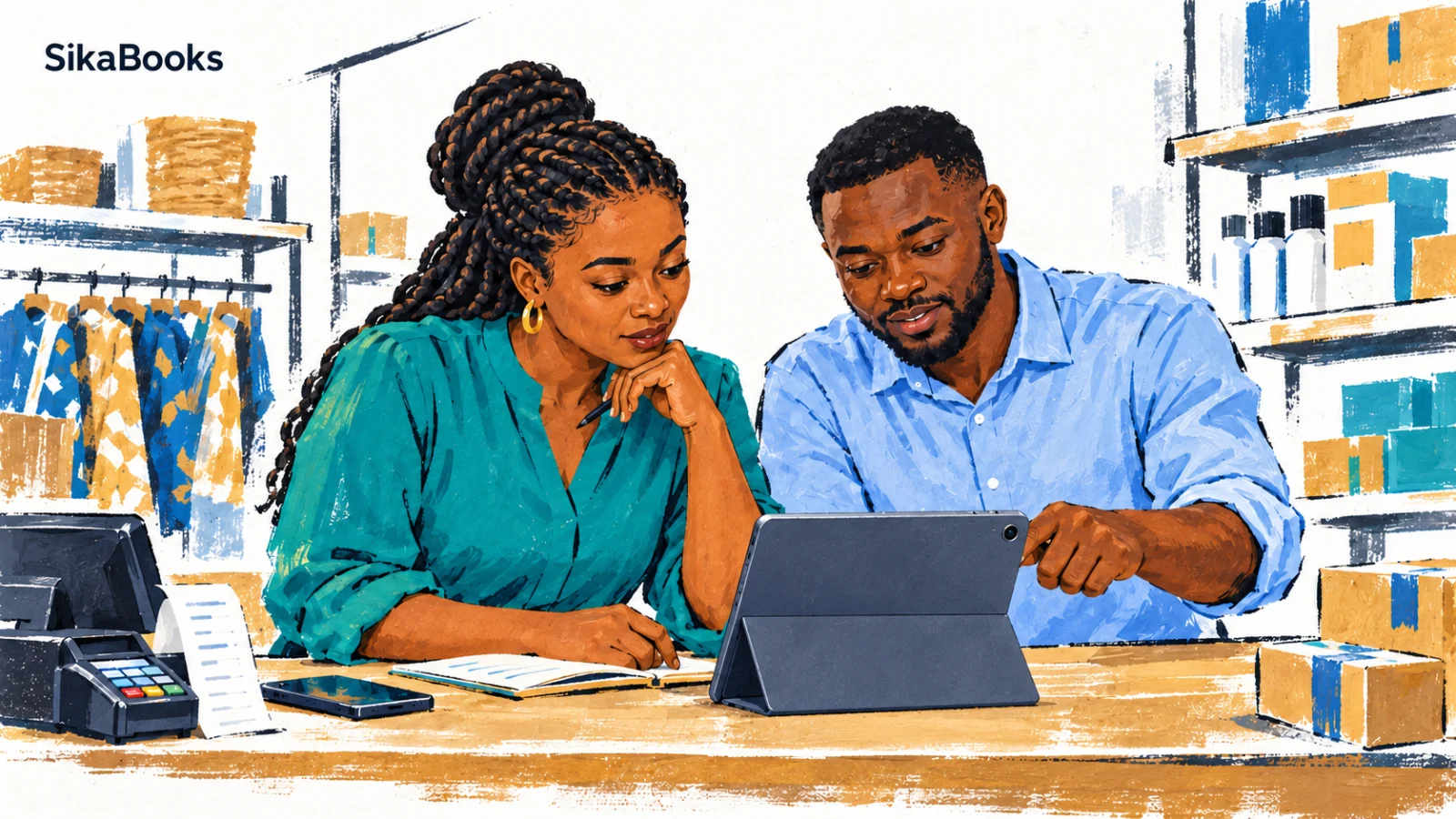 Editorial illustration of a Ghanaian business owner and accountant reviewing shop records