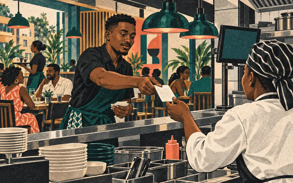 Illustration of a waiter handing a preparation ticket to a restaurant cook