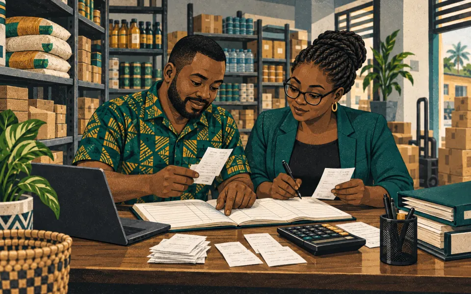 Illustration of a Ghanaian business owner and accountant reviewing receipts together
