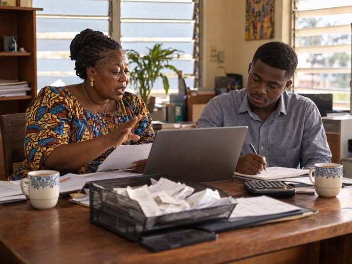 Business owner and bookkeeper going through month-end paperwork at a desk with a laptop