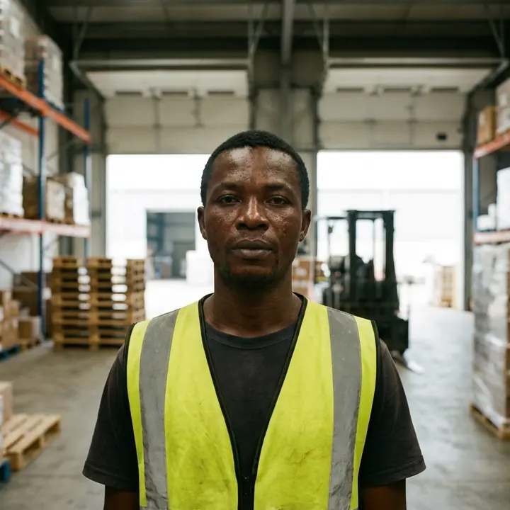 Warehouse operations professional standing between stocked shelves