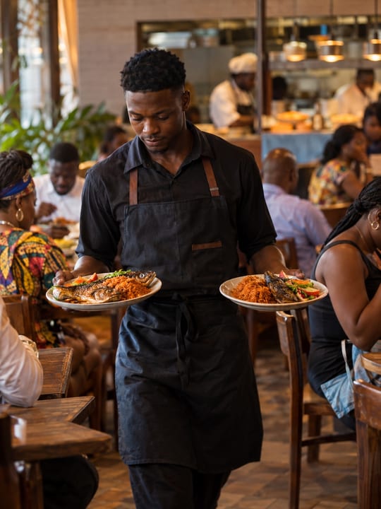 Waiter carrying plates of jollof rice and grilled fish through a busy Accra restaurant at lunchtime