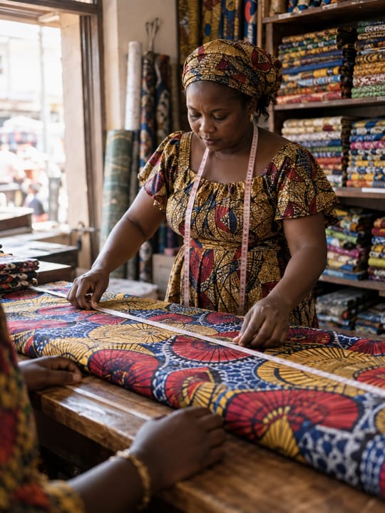 Shopkeeper folding a freshly cut length of wax-print fabric for a customer at the counter of an Accra fabric shop