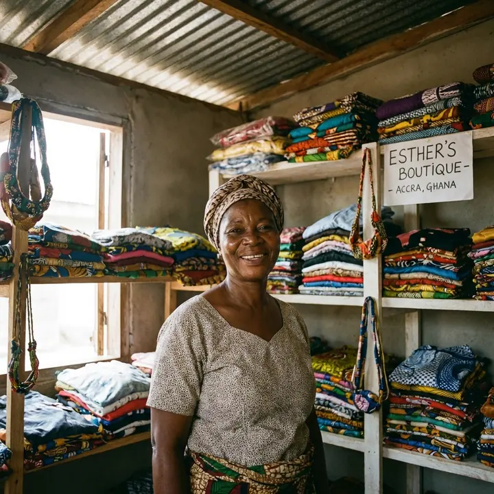 Ghanaian fabric retailer standing inside a colourful shop