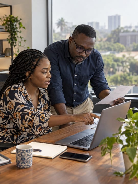 Two colleagues reviewing a quotation together on a laptop in a small Accra office