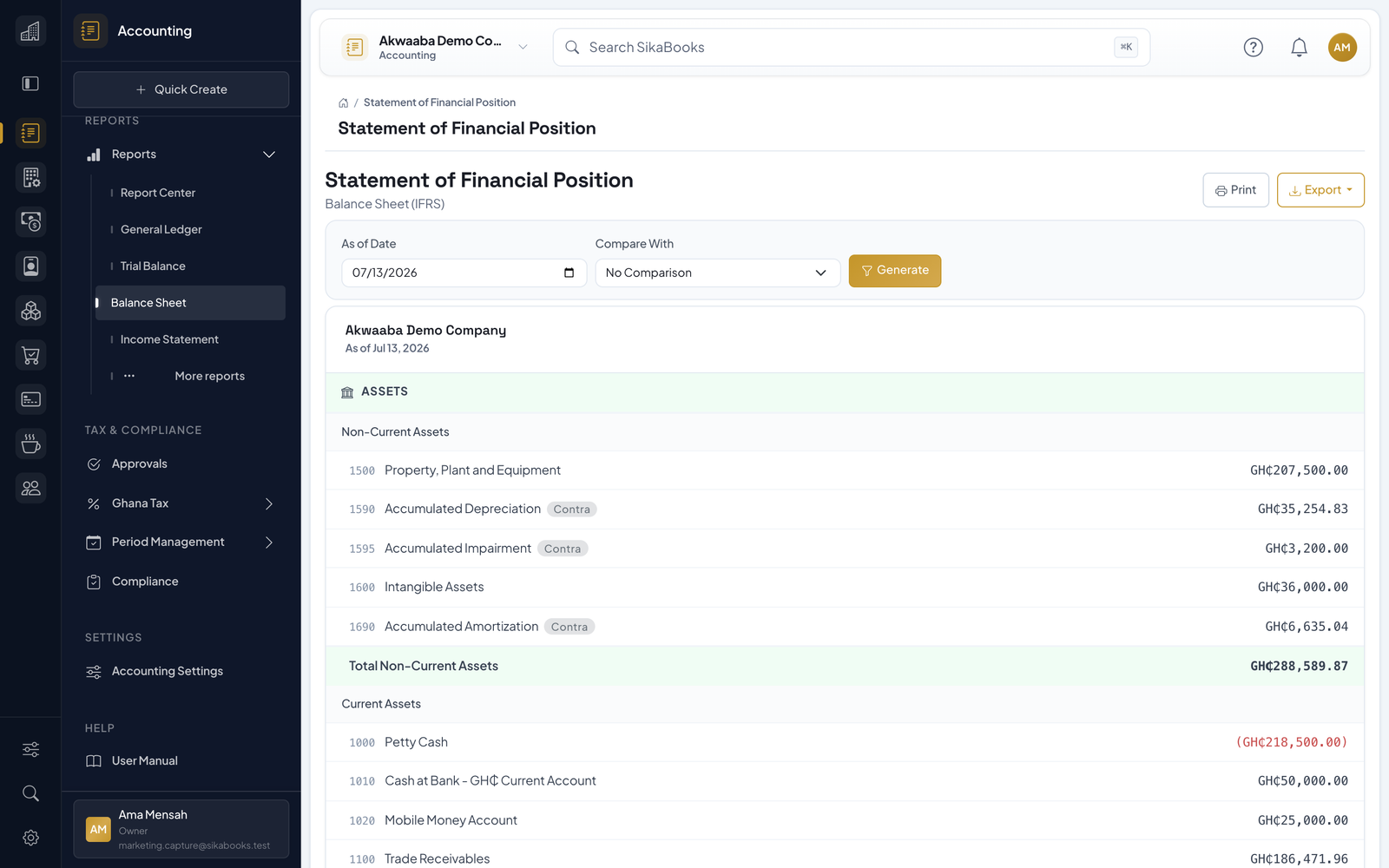 Akwaaba Demo Company balance sheet report with assets, liabilities, and equity