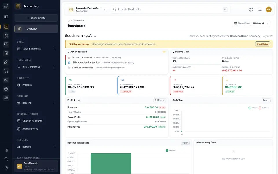 SikaBooks Accounting demo dashboard with financial summaries and recent activity