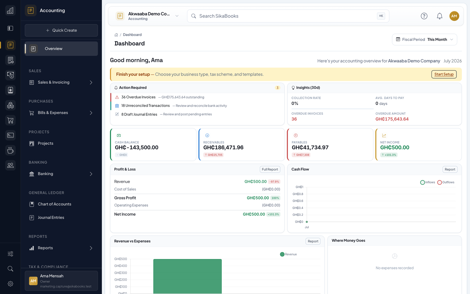Akwaaba Demo Company accounting dashboard with financial health, cash flow, bank accounts, and tax summary