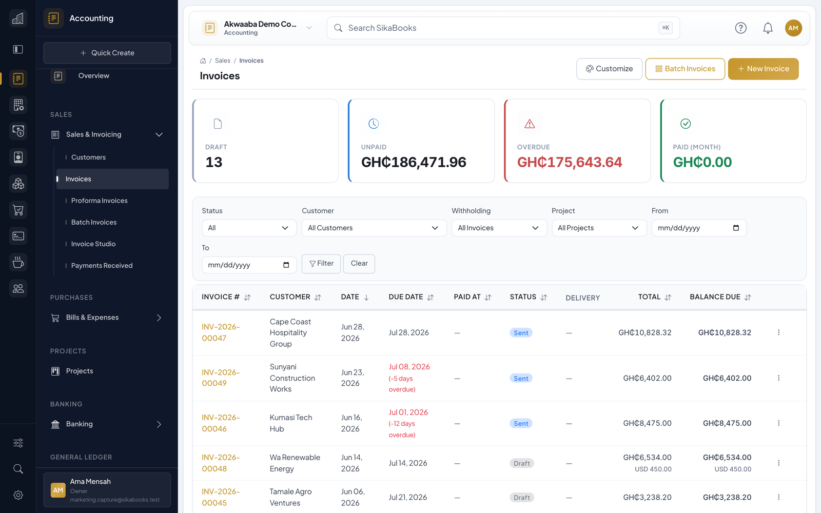 Akwaaba Demo Company invoice workspace with payment status and customer balances