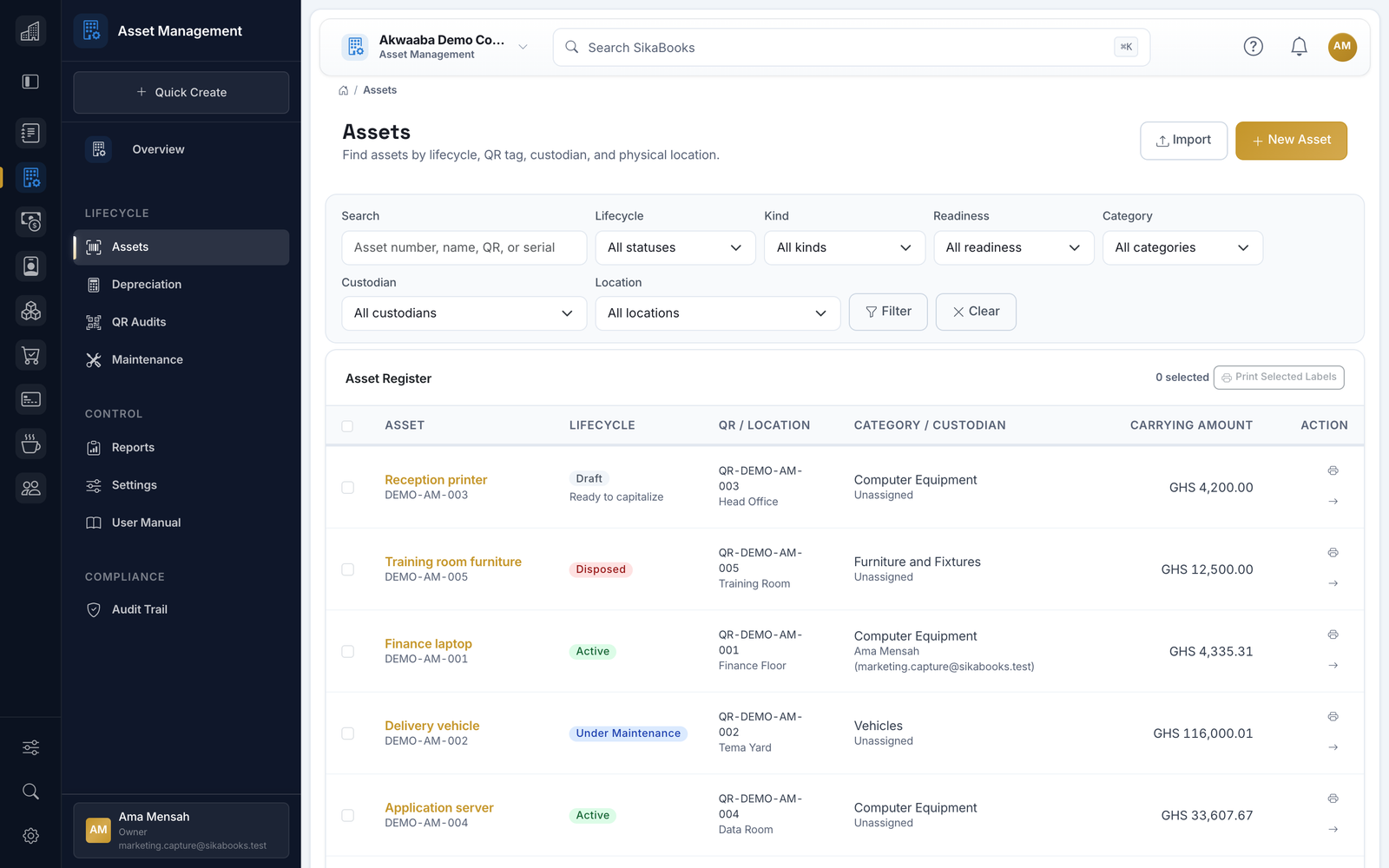 Akwaaba Demo Company asset register with lifecycle status, locations, categories, and carrying amounts