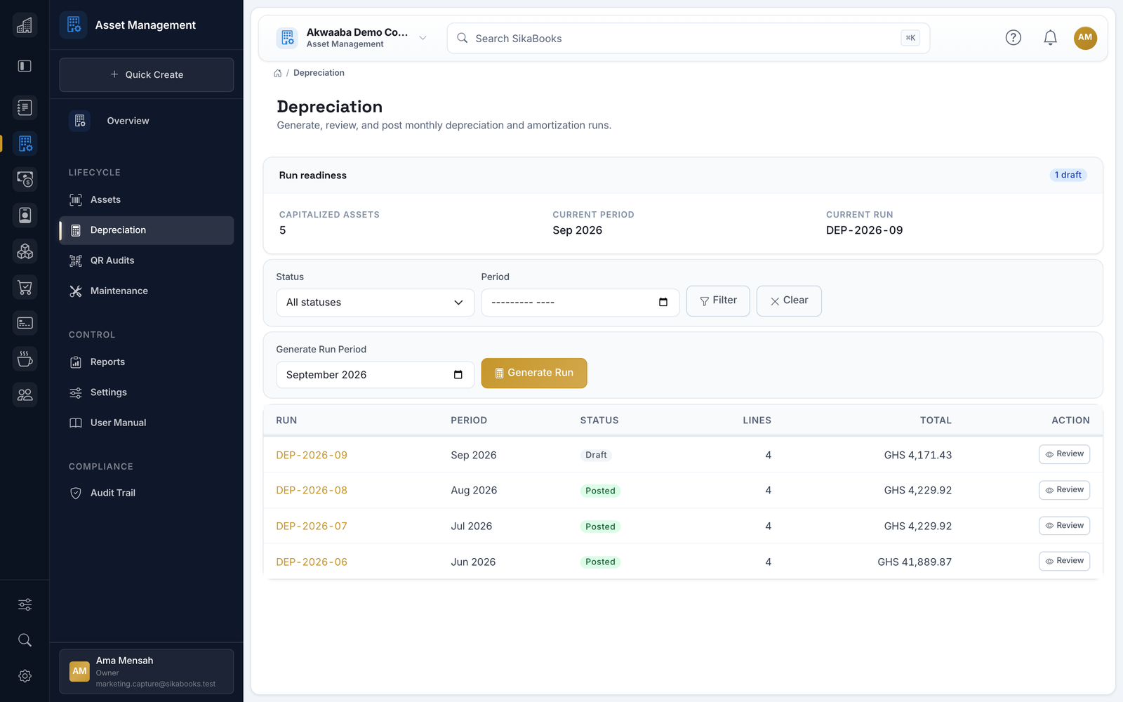 Akwaaba Demo Company depreciation runs with monthly periods, posting status, and totals