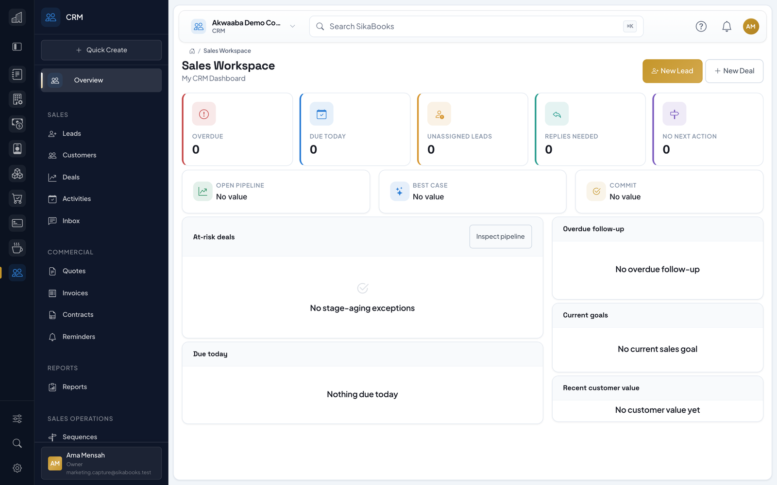 Akwaaba Demo Company CRM dashboard with pipeline value, activities, and customer follow-up