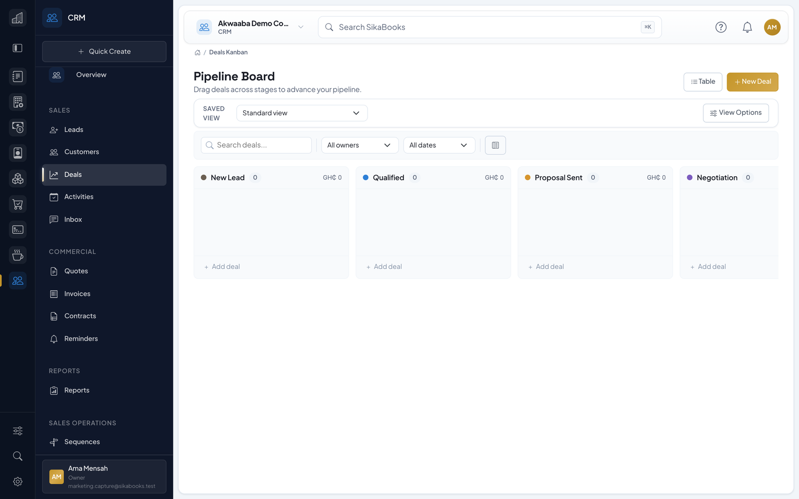 Akwaaba Demo Company deals arranged by sales stage in the CRM pipeline