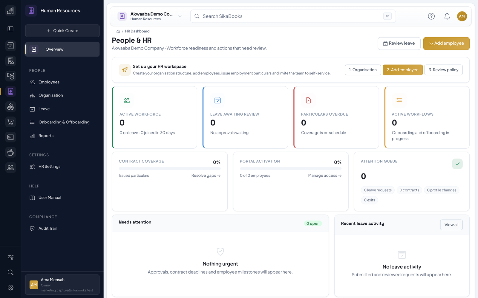 Akwaaba Demo Company human resources dashboard with workforce, leave, attendance, and employee activity