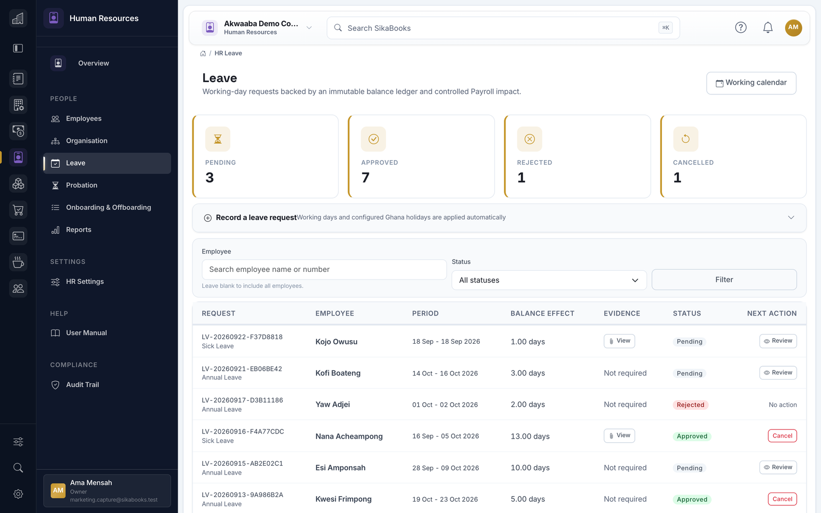 Akwaaba Demo Company human resources leave requests with annual, sick, and maternity leave awaiting review or approved