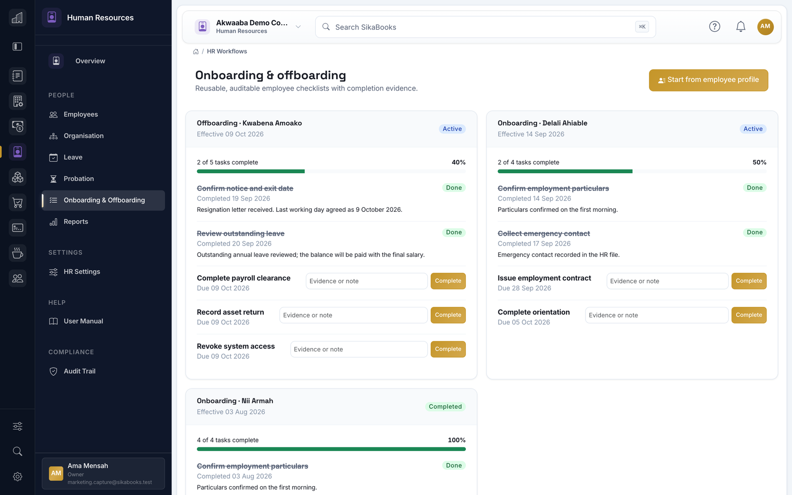 Akwaaba Demo Company human resources onboarding and offboarding checklists with task progress and due dates