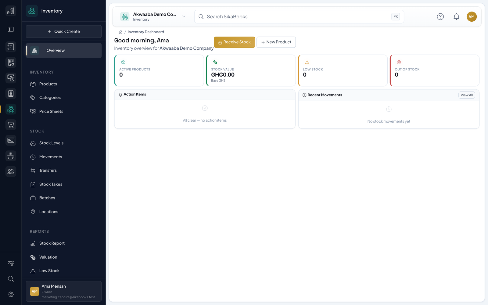 Akwaaba Demo Company inventory dashboard with stock health and replenishment activity