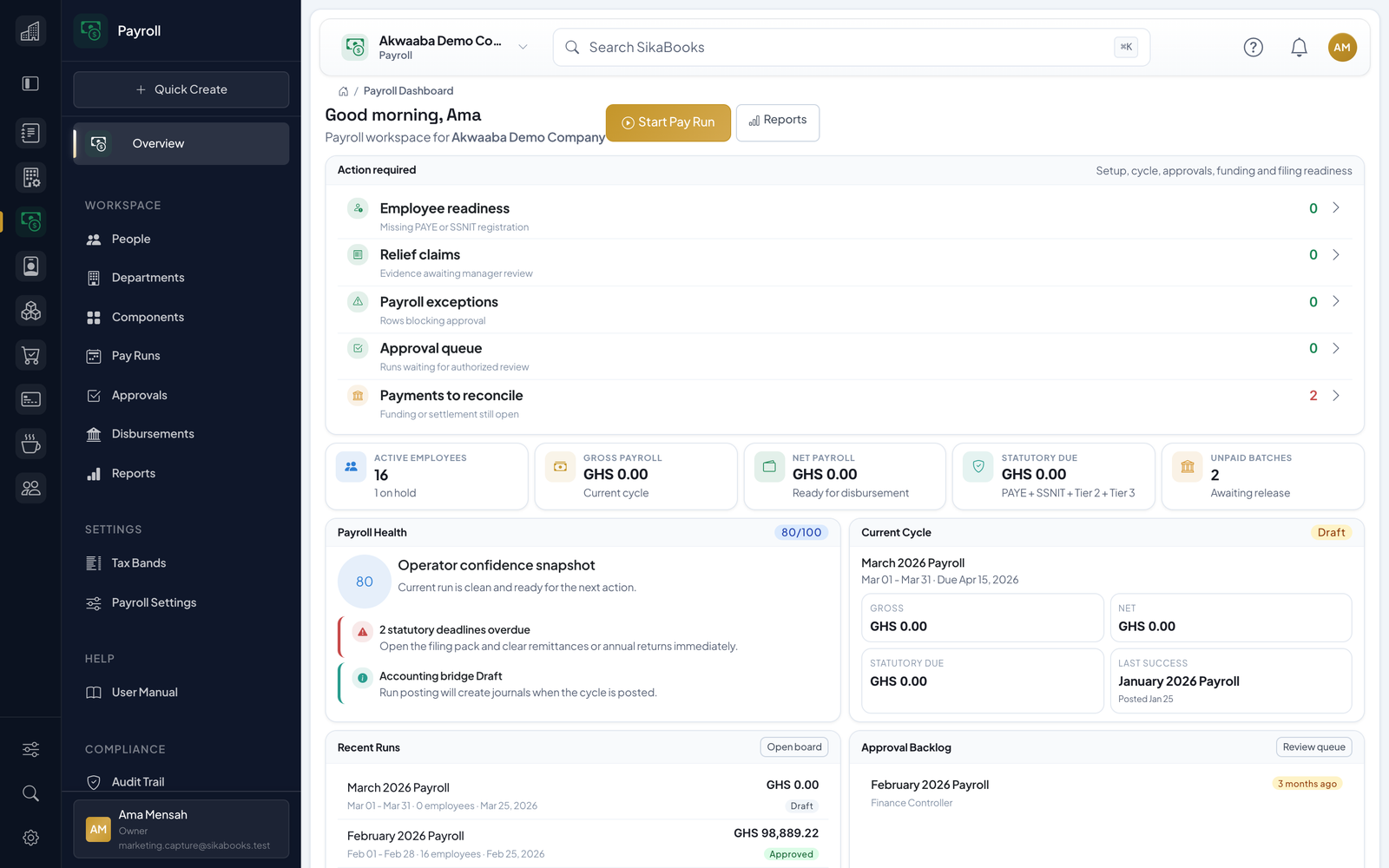 Akwaaba Demo Company payroll dashboard with payroll costs, statutory liabilities, and employee activity