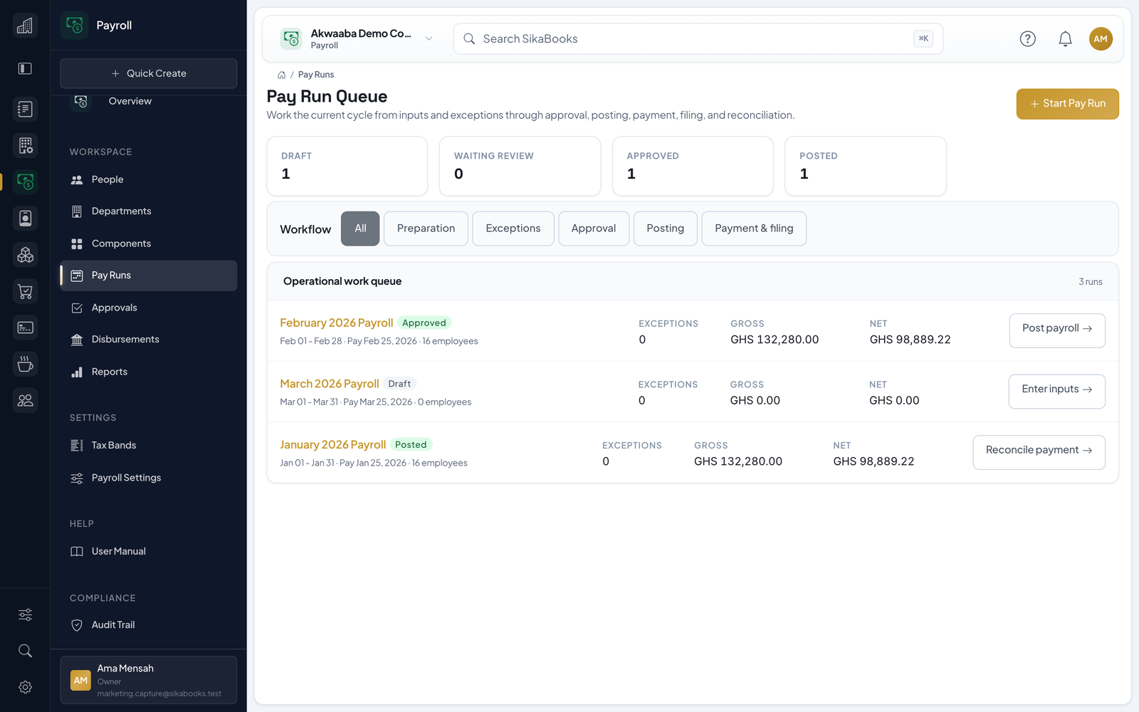 Akwaaba Demo Company pay runs with approval status and Ghana statutory totals