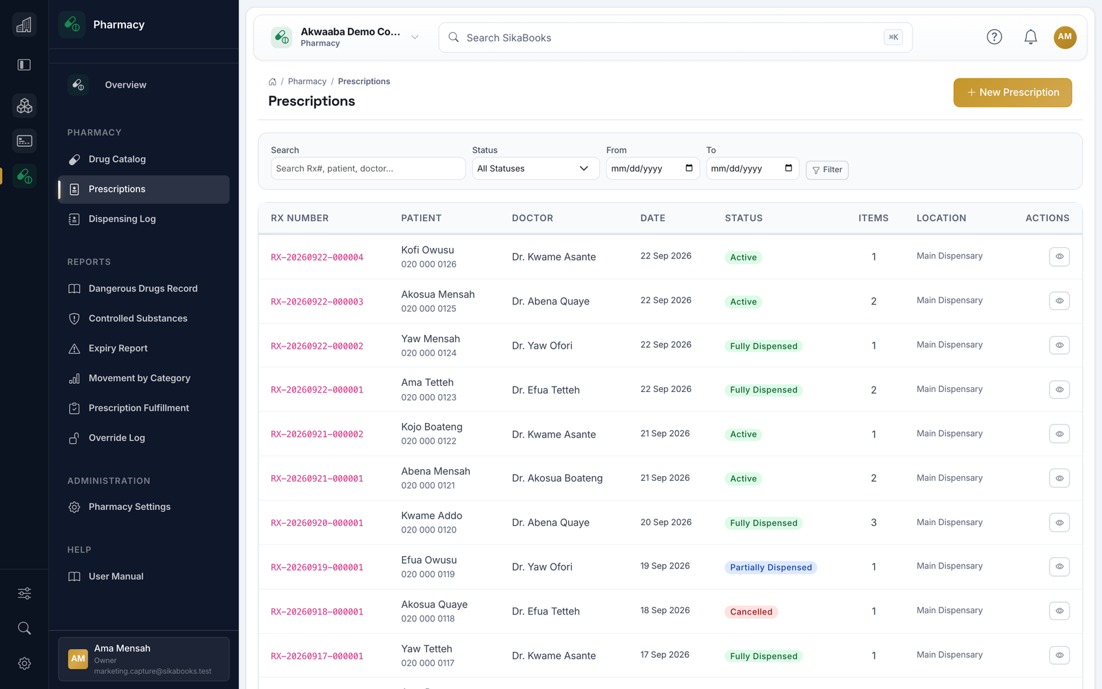 Akwaaba Demo Company pharmacy prescriptions with patient, prescriber, and dispensing status for each prescription