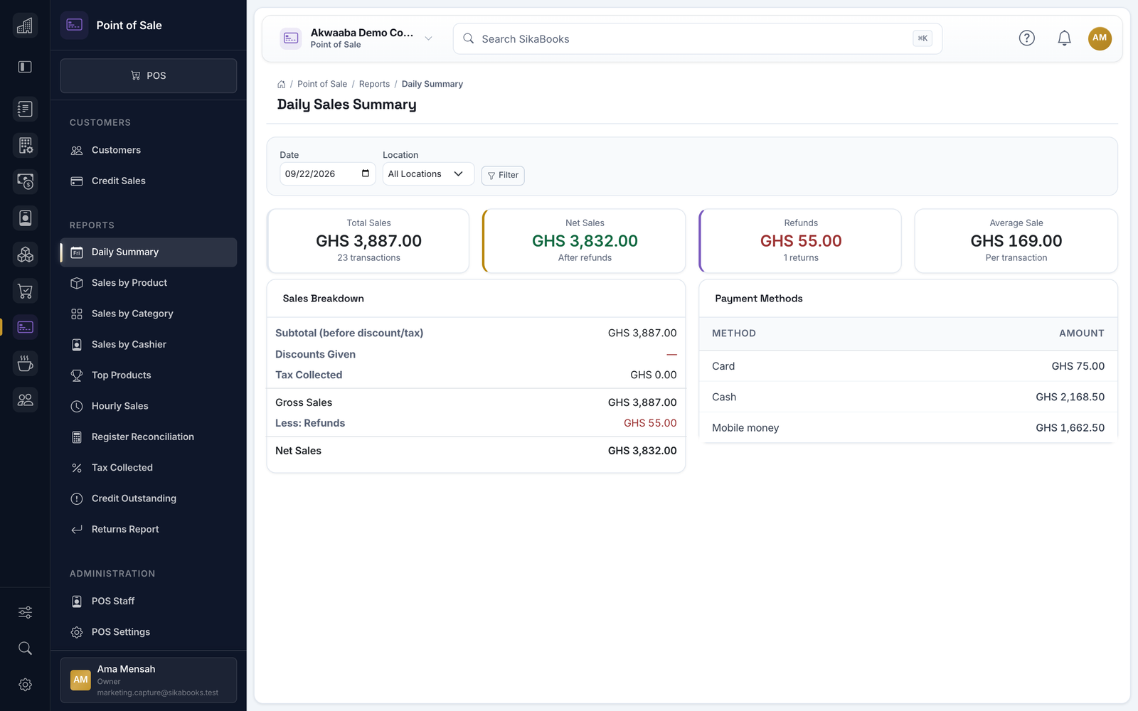 Akwaaba Demo Company point of sale daily summary with gross and net sales and takings by payment method