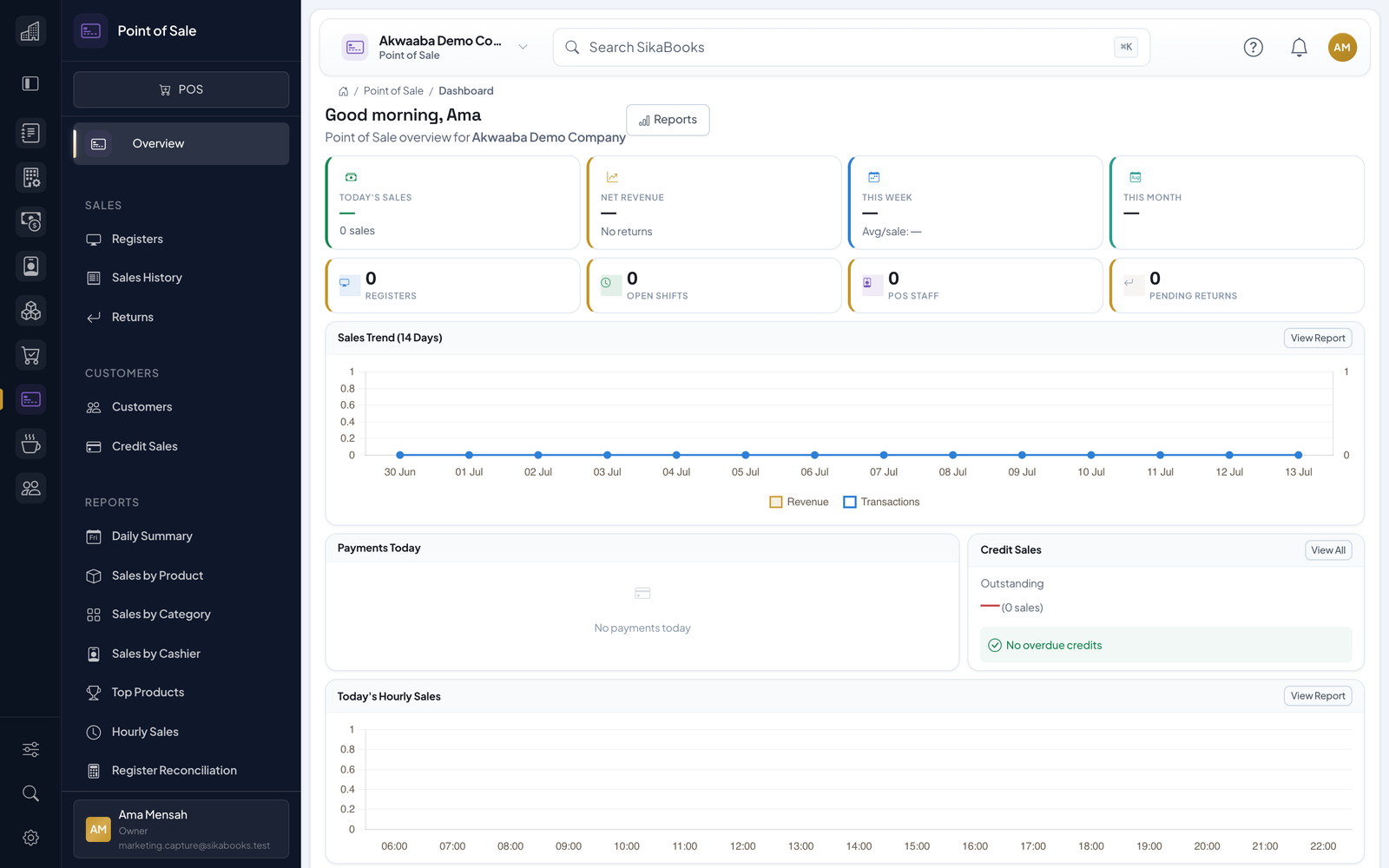 Akwaaba Demo Company point of sale dashboard with sales, payments, and register activity