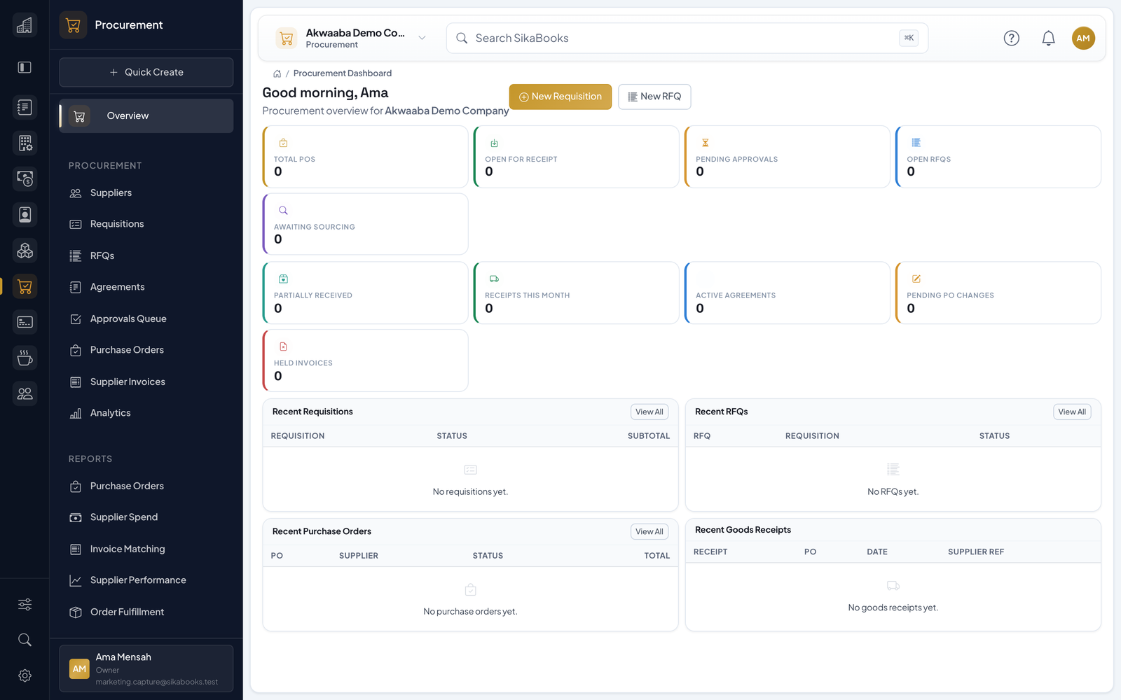 Akwaaba Demo Company procurement dashboard with requisitions, approvals, purchase orders, and receipts