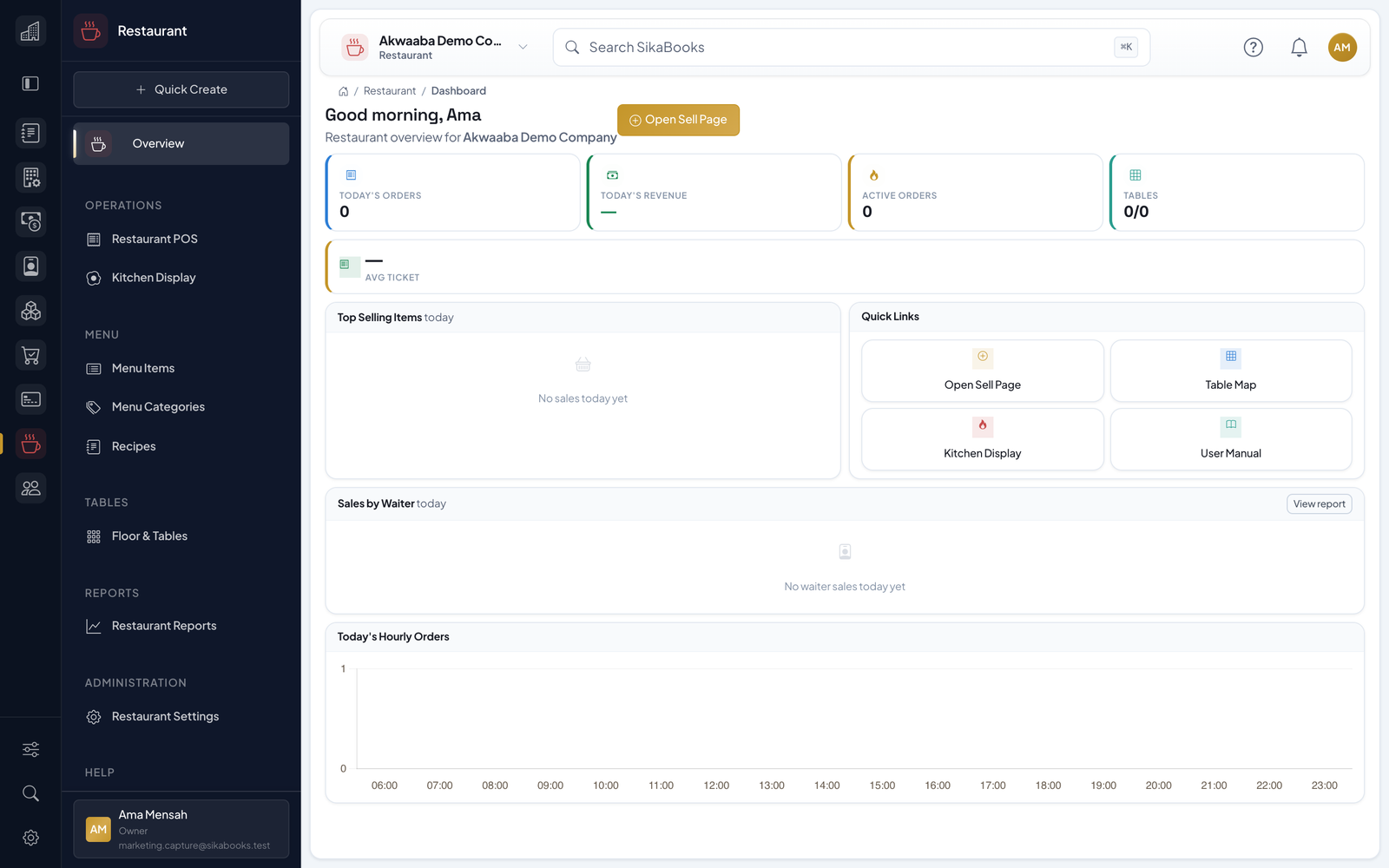 Akwaaba Demo Company restaurant dashboard with service, tables, and kitchen activity