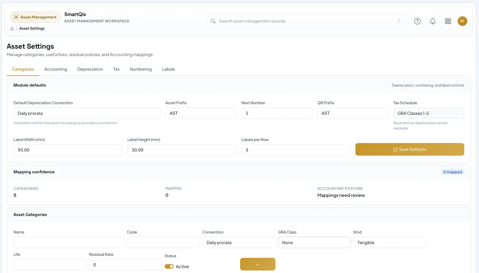 Asset Management workspace in SikaBooks