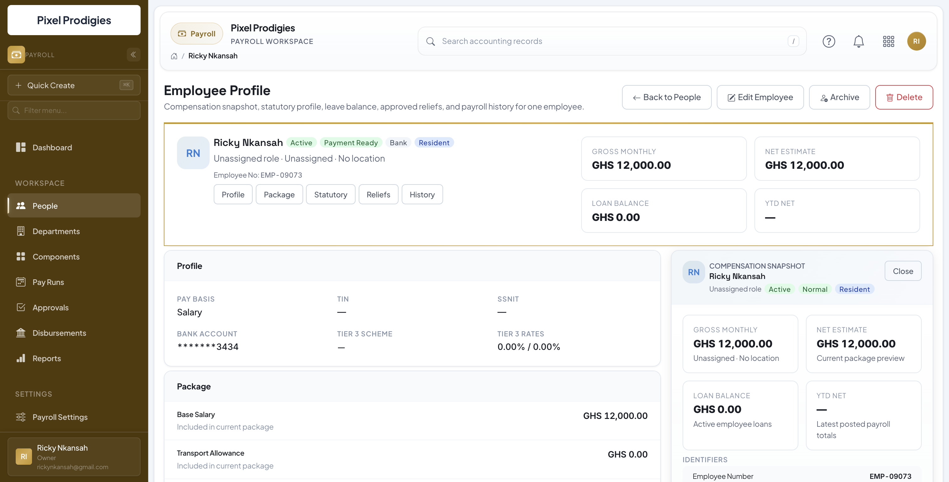 SikaBooks Payroll employee profile showing compensation snapshot, statutory details, and pay package